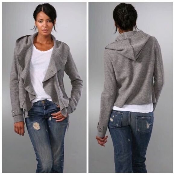 Free People Cinch Front Draped Hoodie Jacket Wool Grey Sweater Jacket Sz S - Picture 1 of 8